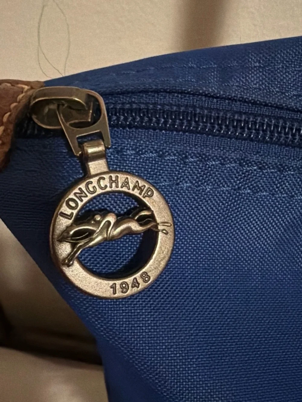 Longchamp Brown Leather Flap Tote with Navy Body